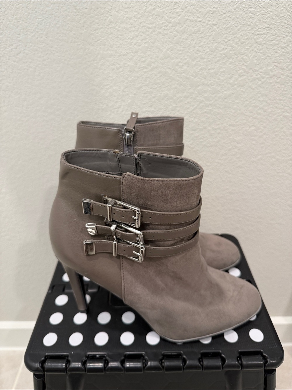 Sam & Libby Gray Taupe Ankle Booties with Triple Buckle Detail